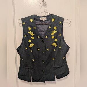 Embroidered Linen Emerald Vest with Lime/Yellow Accents 🍋‍🟩